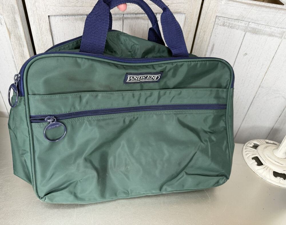 Vintage Lands End Messenger Bag Green Navy Nylon Travel Carry On Shoulder Bag